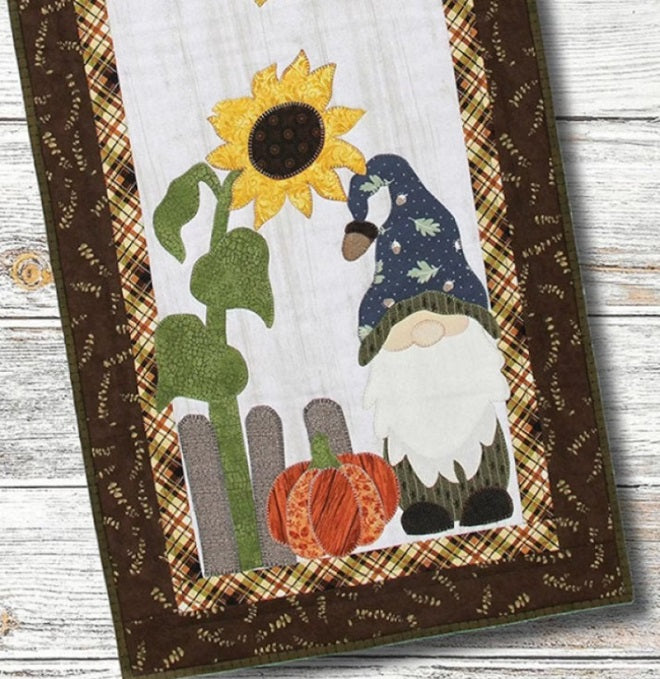 FALL with a GNOME, handmade table runner, pumpkin 2024 patch, sunflowers