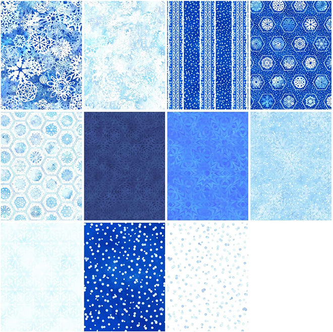 Paper Flurries 11 Piece Fat Quarter Bundle Plus Panel, FQ-MASPAF, 18 x 22 Fabric Squares, Blue Snowflakes Fabric Bundle, sold Maywood Studio