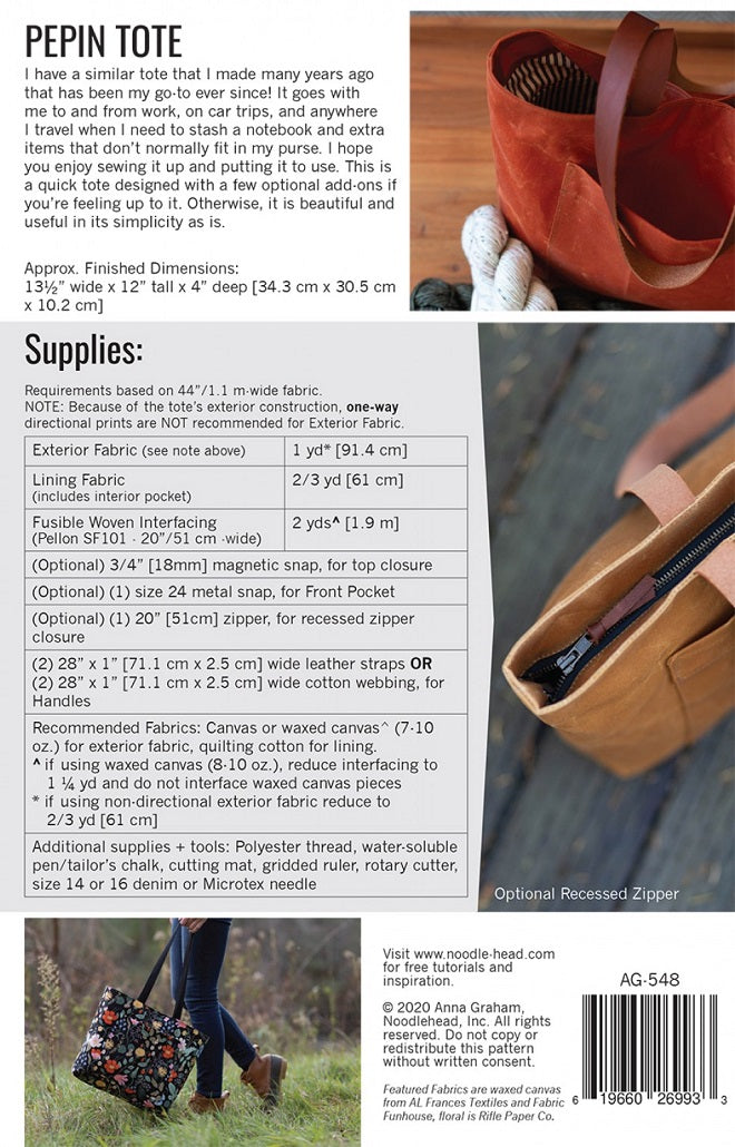 Pepin Tote Pattern by Noodlehead – Quilt in a Day